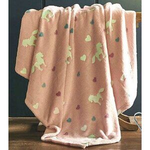 New Pink Glow in the Dark Unicorn Soft Plush Gift Fleece Throw Blanket Hearts